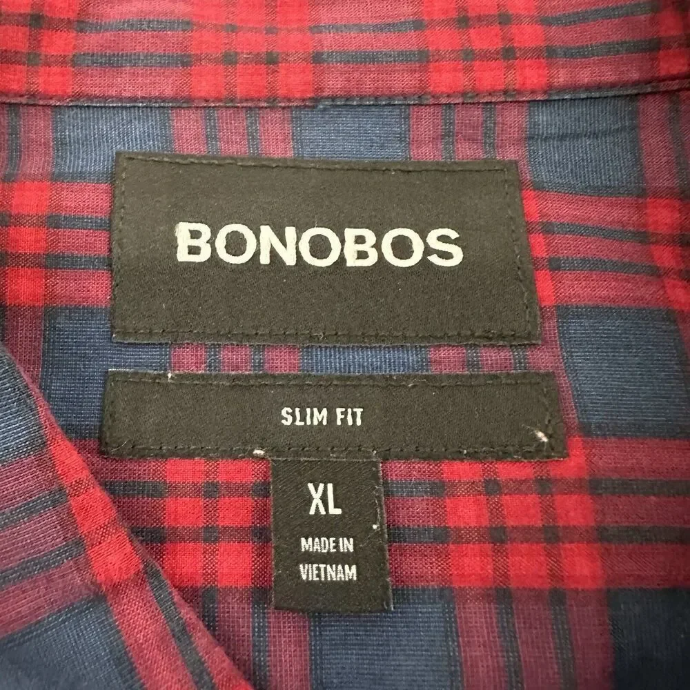 Bonobos Mens Button Up Shirt Size XL Red Blue Plaid Silm Fit Long Sleeve - Picture 6 of 12